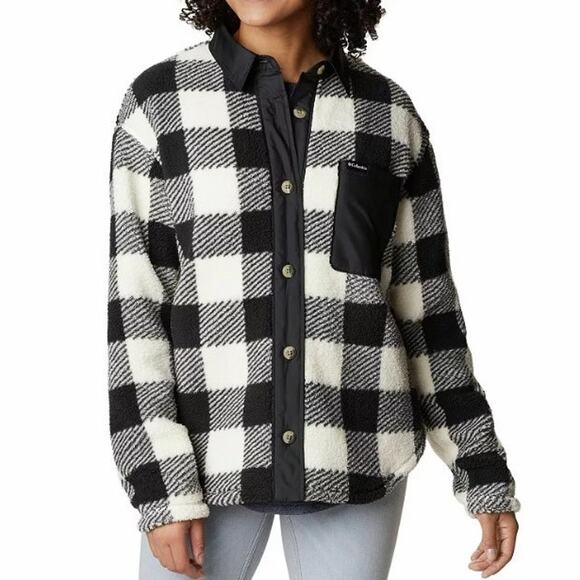 Columbia Black White Check Plaid Fleece Cozy West Bend Sherpa Shirt Jacket Large - Picture 1 of 7